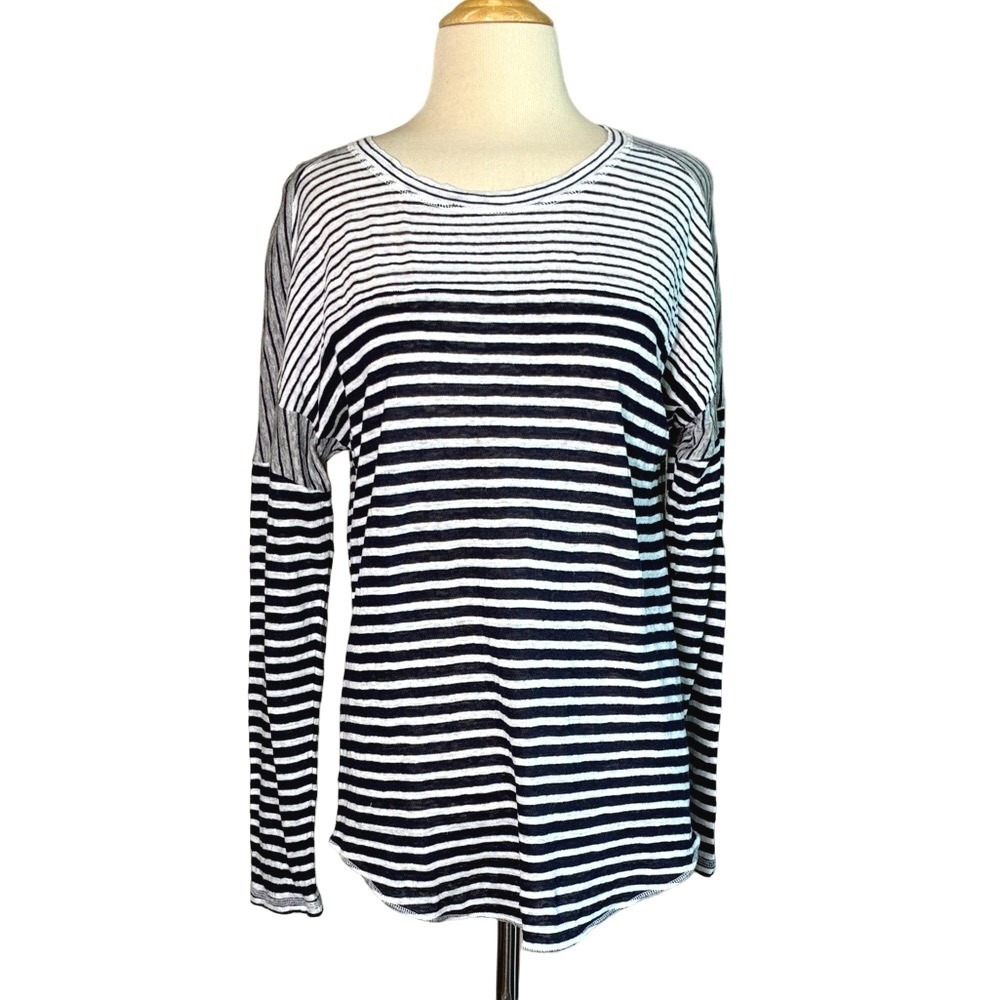 J. CREW Women XL Striped Linen Long Sleeve Tunic Top Beachy Natural Clean Beauty